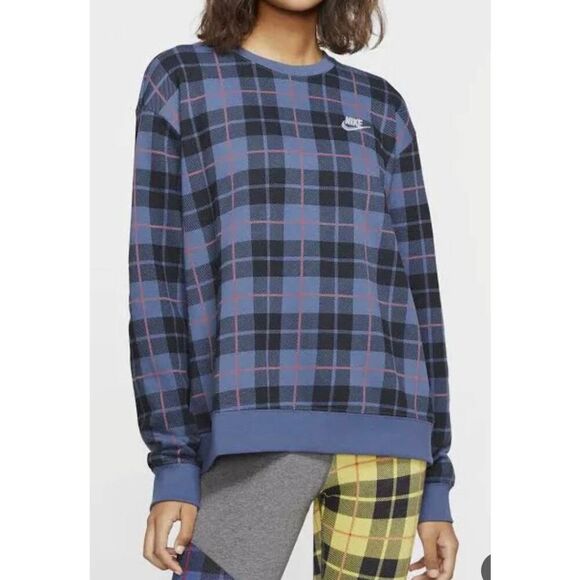 Nike Women's Size XS Plaid Tartan Crew Neck Logo Sweatshirt Blue Black - Picture 1 of 6